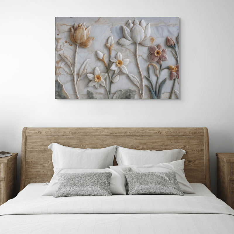 Ivory Lotus & Daffodil Relief Art – Sculptural Floral Wall Canvas