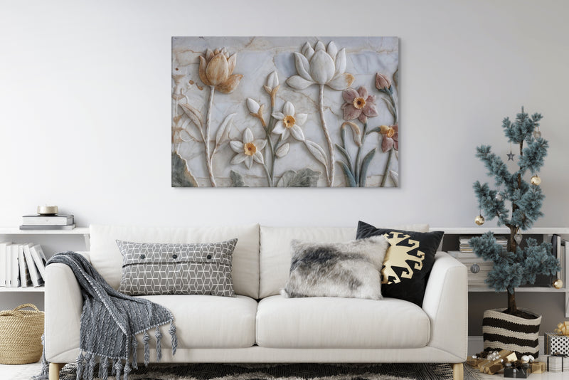 Ivory Lotus & Daffodil Relief Art – Sculptural Floral Wall Canvas