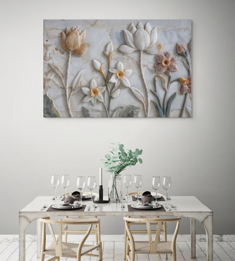 Ivory Lotus & Daffodil Relief Art – Sculptural Floral Wall Canvas