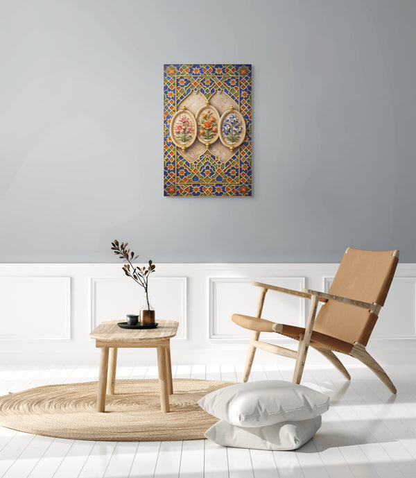 Mughal Floral Cartouche Wall Art – Shah Jahan Inspired Geometric Panel Canvas in Blue, Gold & Jewel Tones