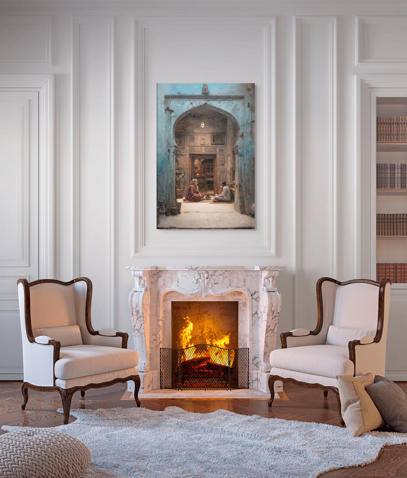 Whispers of the Blue Haveli – Mughal Courtyard Canvas Art