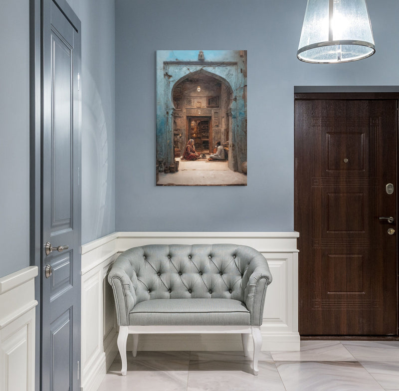 Whispers of the Blue Haveli – Mughal Courtyard Canvas Art