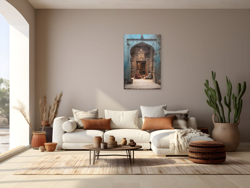 Whispers of the Blue Haveli – Mughal Courtyard Canvas Art