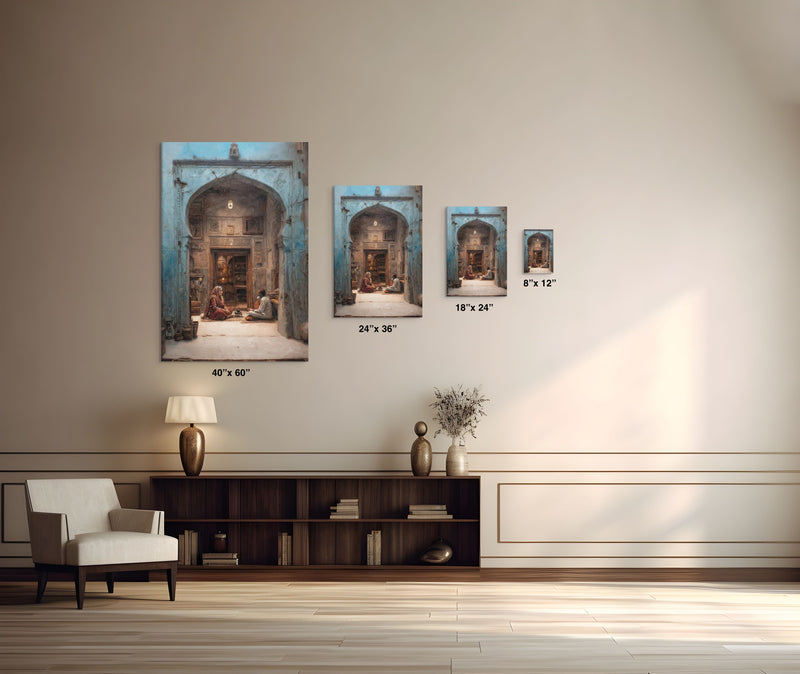 Whispers of the Blue Haveli – Mughal Courtyard Canvas Art